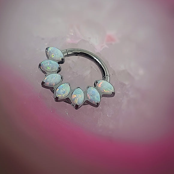 Hinged clicker with synthetic opal in marquise setting